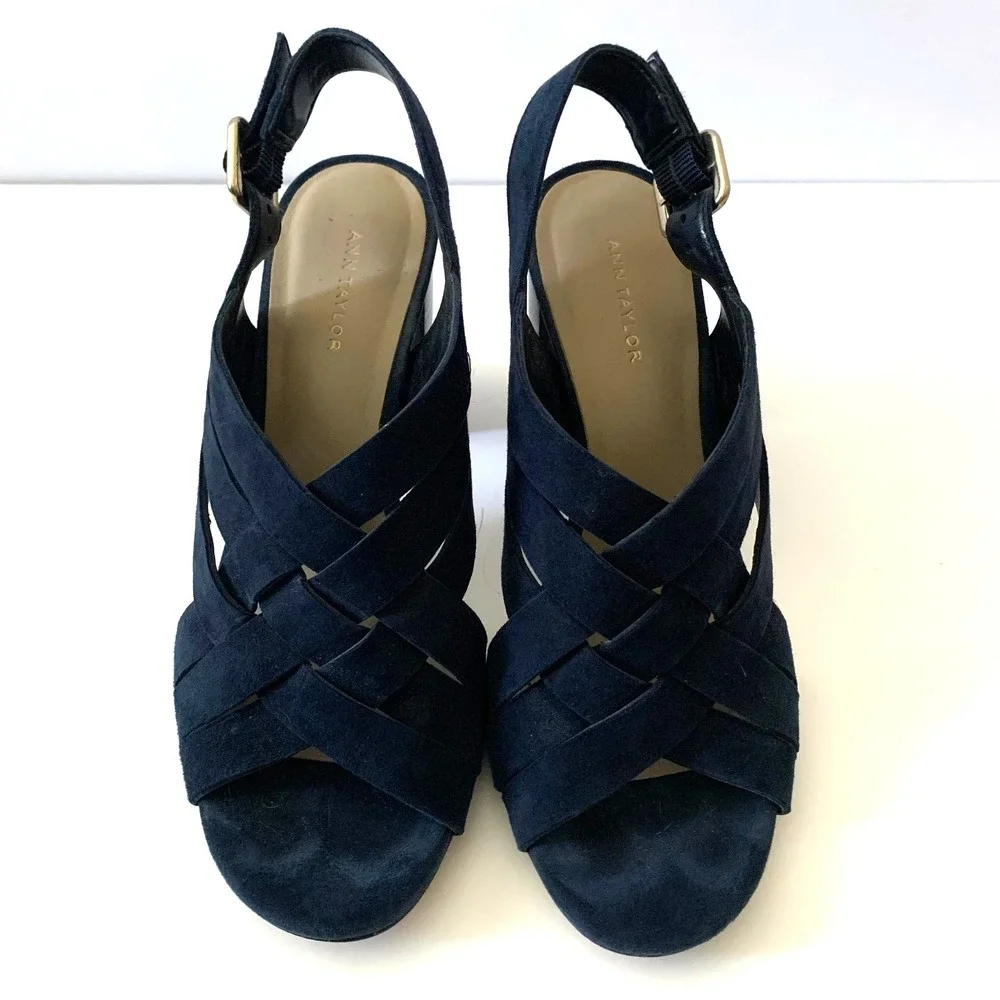 Ann Taylor Suede Leather Strappy Block Heel Sling Back Sandals 6 6.5 Navy Blue